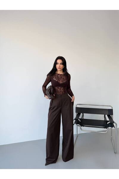 Foola Moda Romantik Dantel İşlemeli Kahverengi Slim-Fit Body