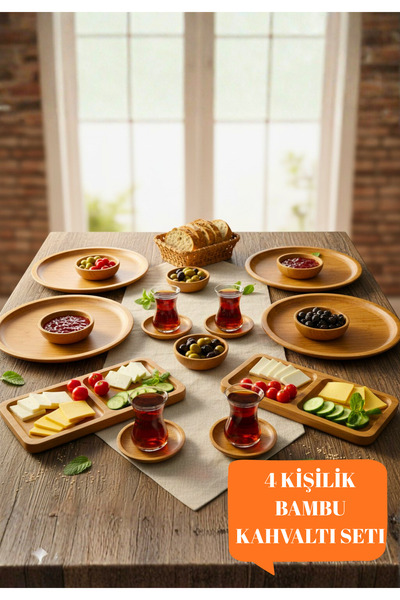 BRE HOME 14 Parça 4 Kişilik Doğal Bambu Kahvaltı Sunum Seti