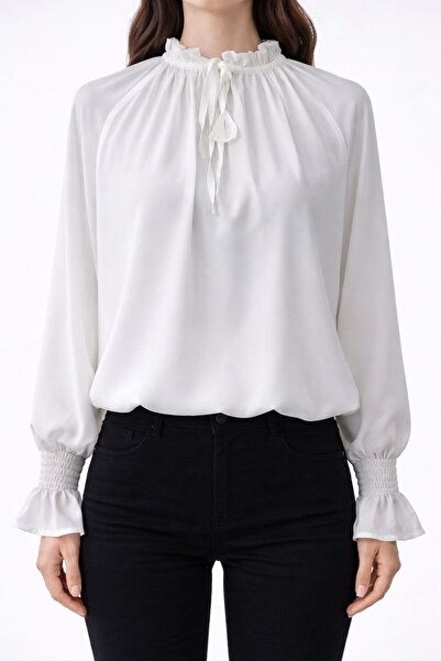 Neden Tekstil White Collared Tie-Down Balloon Blouse with Gipe Cuffs