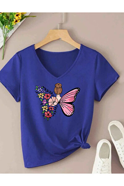 SUNFREE Butterfly Printed V-Neck Short Sleeves Cotton Combed Women's Tshirt