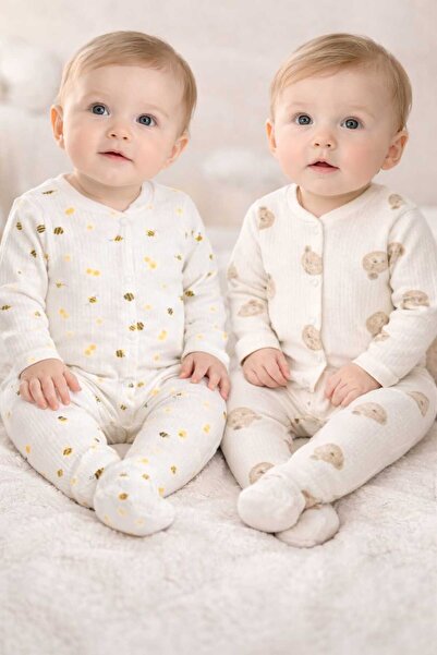 MiniBou Yenidoğan Bebek Pamuklu Patikli Desenli 2'li Tulum 3-6 Ay