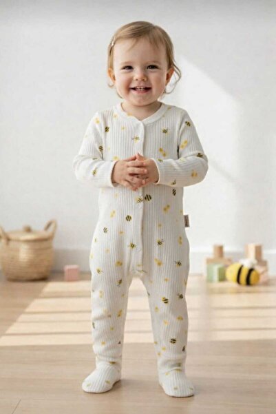 MiniBou Newborn Bee Patterned Baby Romper with Cotton Booties
