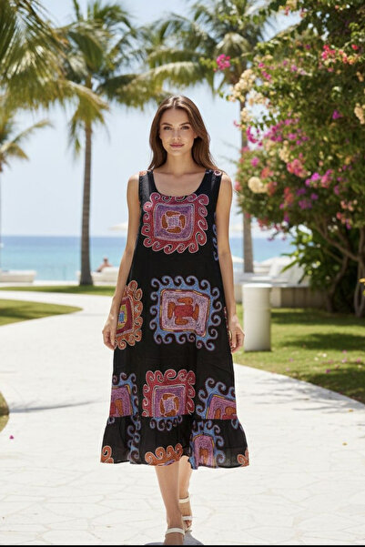 AYASOFYA OTANTIK Women's Ethnic Floral Patterned Sleeveless Midi Dress