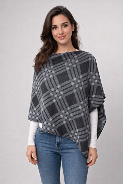 Sebir Moda Checkered Patterned Asymmetrical Cut Knitwear Acrylic Poncho