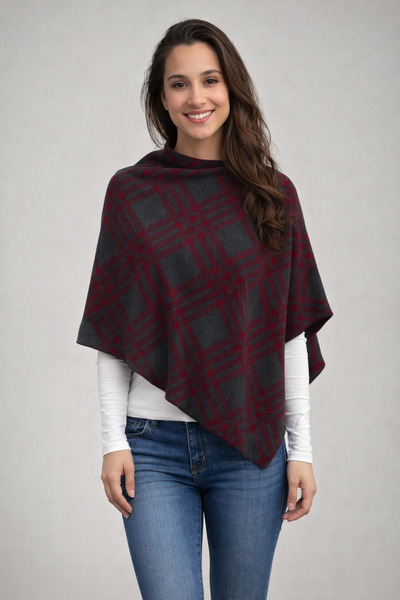 Sebir Moda Checkered Patterned Asymmetrical Cut Knitwear Acrylic Poncho