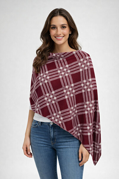 Sebir Moda Checkered Patterned Asymmetrical Cut Knitwear Acrylic Poncho