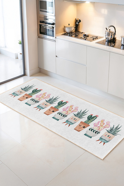 Home Renkli Kaktüs Desenli Şık Dekoratif Mutfak Halısı