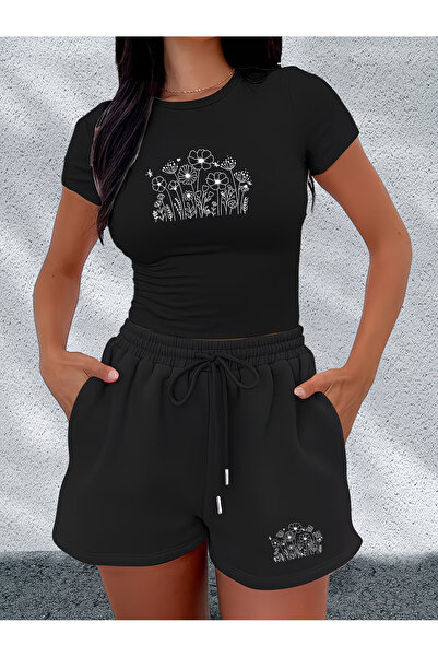 macklin Women's Floral Print Baby Tee Combed Cotton Crop and Shorts - Two-Pie...