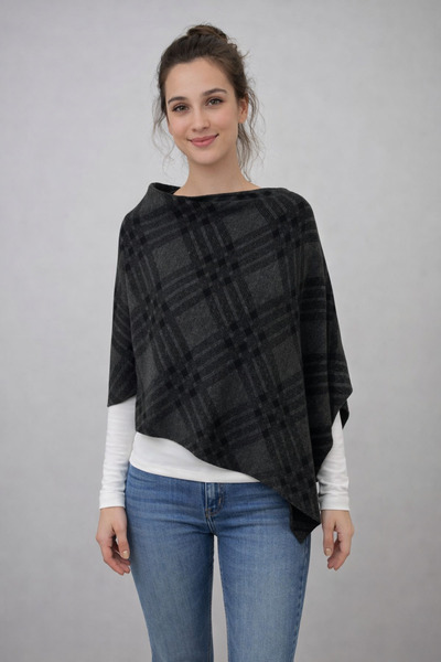 Sebir Moda Checkered Patterned Asymmetrical Cut Knitwear Acrylic Poncho