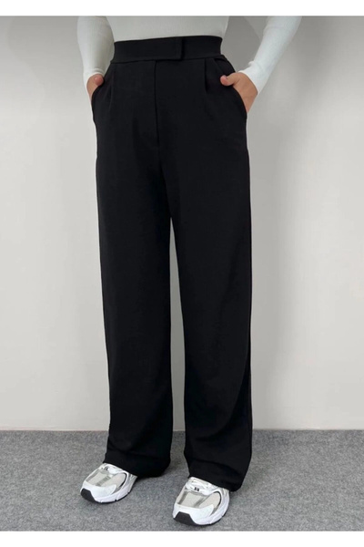 MetuCA Women's Black High Waist Velcro Pleated Wide Leg Crepe Fabric Trousers...