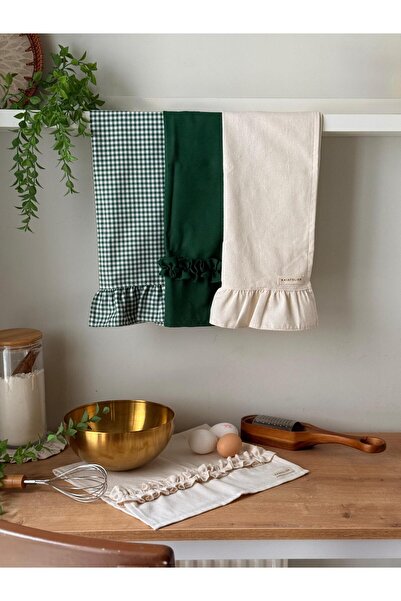 KaiAtelier Mossy X Natural Keten 3'lü Fırın Örtüsü / Kurulama Bezleri