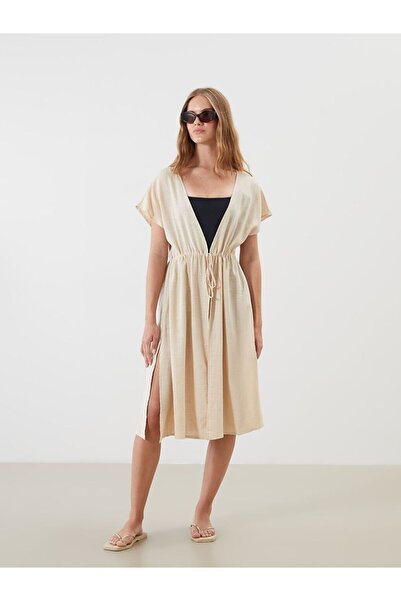 LC Waikiki Lcw Dream Ecru V-Neck Linen Look Women's Beach Dress