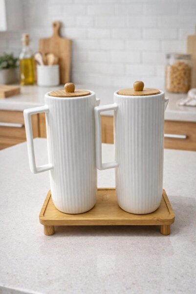 BUENOS 2 Lİ BAMBU STANDLI 1000 ML PORSELEN AY ÇİÇEK YAĞI ZEYTİN YAĞI TAKIMI 3...