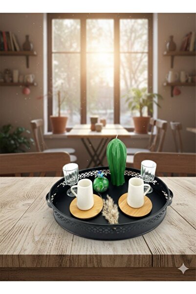 Reoona Dantel Motifli Metal Siyah Tepsi (27x38 Cm)