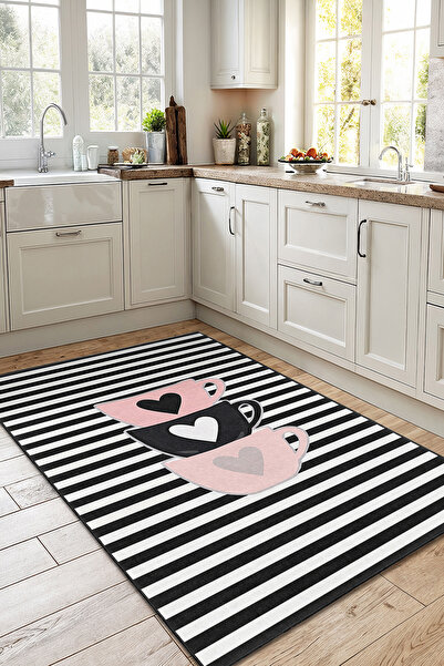 Home Kalp Desenli Şık Siyah-Beyaz Çizgili Dekoratif Mutfak Halısı