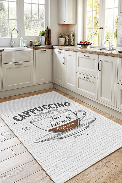 Home Kahve Fincanı ve Kremalı Köpük Desenli Şık Dekoratif Mutfak Halısı
