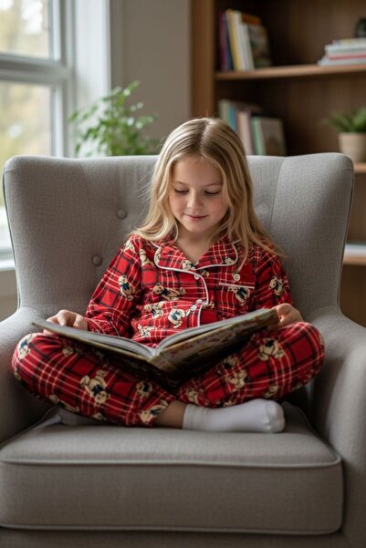 SERRASTIL Girl's Pajama Set Red Color Bear Patterned Cotton Suede Fabric Baby...