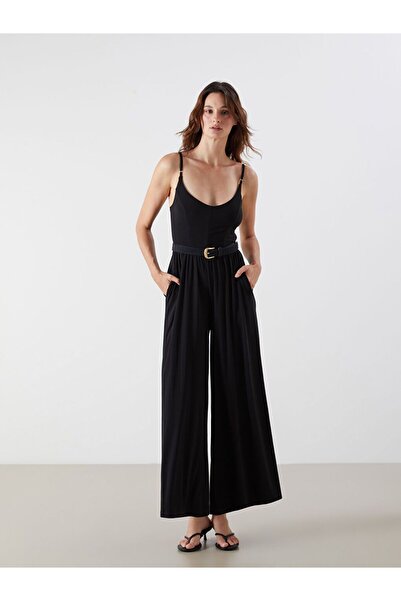 LC Waikiki LCW Vision Siyah V Yaka Askılı Büzgülü Kadın Tulum