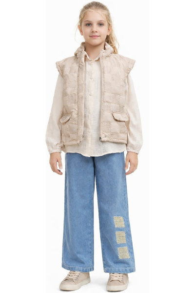 İrem Çocuk Giyim Girl's Triple Set with Sequin Embroidery Detail on Puffy Ves...