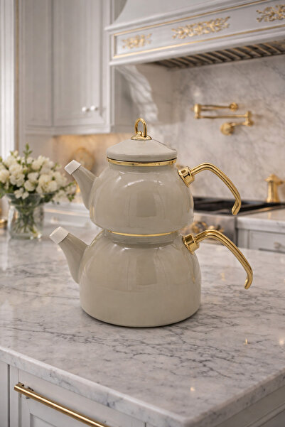 CookaHome Cooka Home Emaye Çaydanlık Takımı | Gold Detaylı | 1,1 L Demlik + 2...