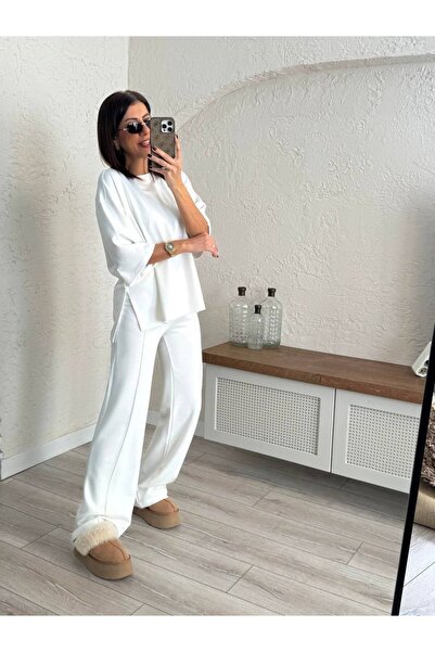 GUMMORE COLLECTİON Basic Modal Yırtmaçlı T-shirt, Oversize, Rahat Kalıp Bisik...