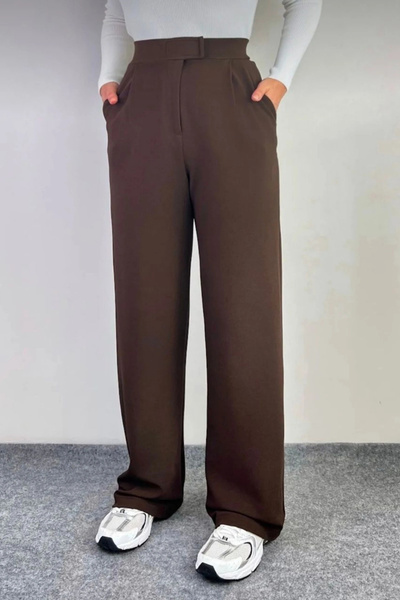 MetuCA Women's Brown High Waist Velcro Pleated Wide Leg Crepe Fabric Trousers...