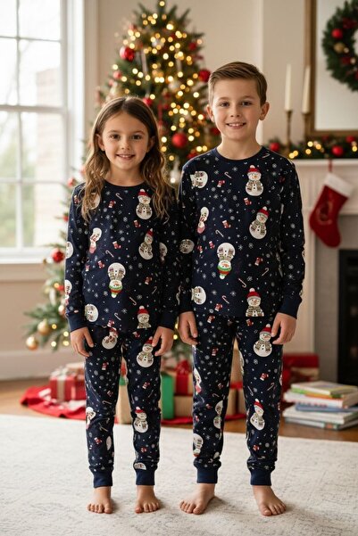 SERRASTIL Unisex Çocuk Pijama Takımı Lacivert Renk Kardan Adam Desenli %100 P...
