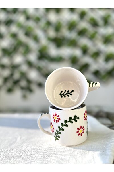 Kupa Bardak, Seramik Kupa, El Yapımı Seramik Kupa, Çiçekli Kupa, Yaprak Kabartmalı Kupa