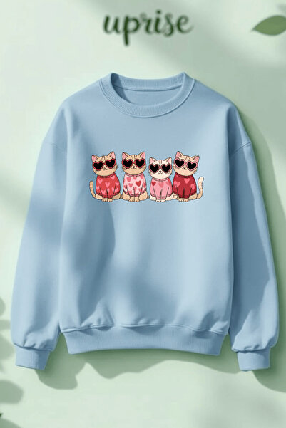 Vordevia Dear Cat Printed Cotton 3 Thread Threaded Crew Neck Oversize Sweatshirt