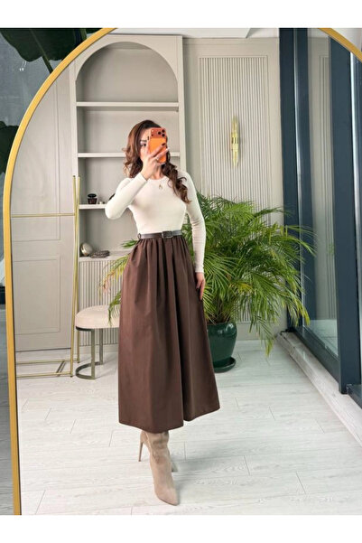 Dilek Vardar Bej Kahverengi Kemerli Eteği Poplin Kumaş Elbise