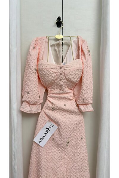 ABRARYZ "Magic of Pink" dress in beige, adorned with pearls