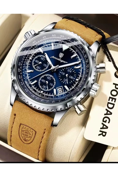 POEDAGAR Blue Color Dial Luxury Brown Leather Band Men Wristwatch