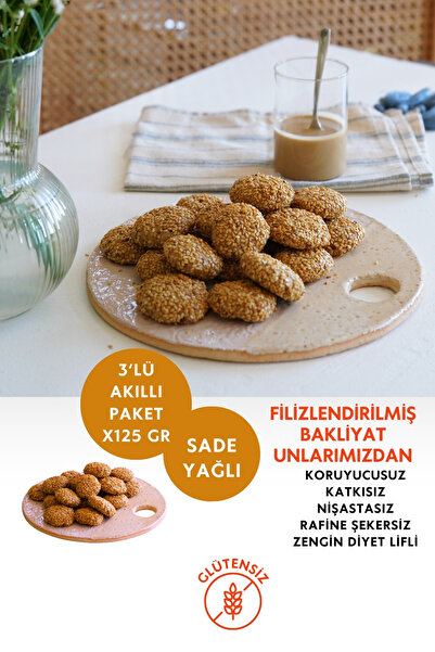 Mikro Herküller Glutensiz 3'lü Rafine Şekersiz Tahinli Kurabiye 3x125gr/Filiz...