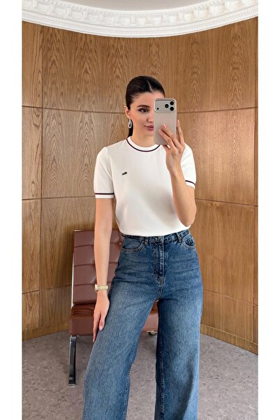 HAZELANNA Ecru Knitwear with Collar Piping