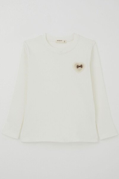 Breeze Girl's Long Sleeve T-Shirt with Heart Embroidery and Bow, Ages 5-10, Ecru