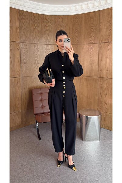 HAZELANNA Gold Buttoned Jacket-Pants Black Suit