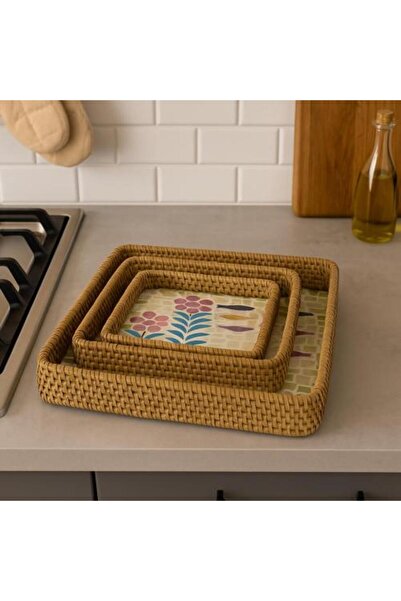 Generic Rectangular Bamboo Tray Set with Mosaic Pattern of Flowers and Fish