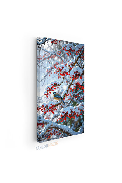 tablonhazır Dikey Panaromik Kanvas Tablo Modern Duvar Tablosu Kar Sevimli Kuş...