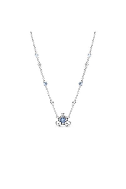 Pandora Cinderella carriage pendant necklace, 925 silver, blue stone, 45cm