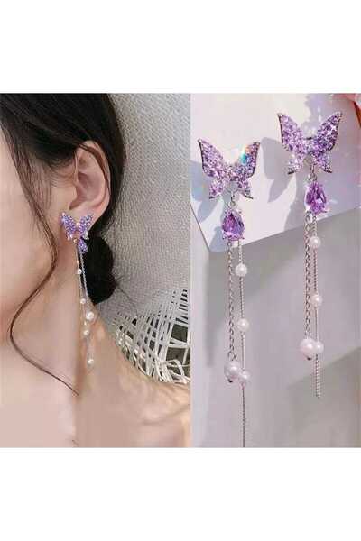 CARAVSTORE Mor Taşlı Kelebekli Sallantılı Küpe