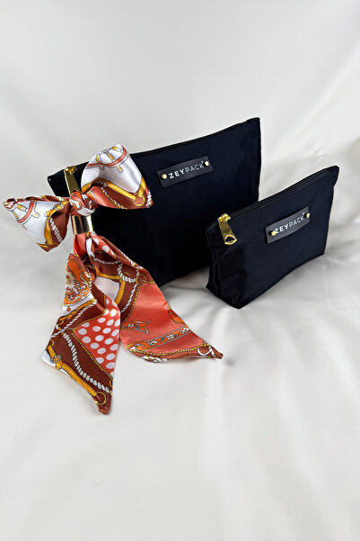 zeypack Şık Siyah El ve Makyaj Çantası - 2’li Set, Şal Aksesuarlı, İtalyan Kumaş