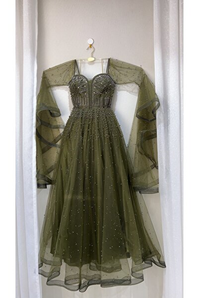 dalaa Evening dress with sequins in two colors, olive and beige