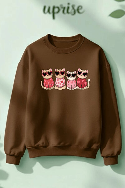 Vordevia Dear Cat Printed Cotton 3 Thread Threaded Crew Neck Oversize Sweatshirt