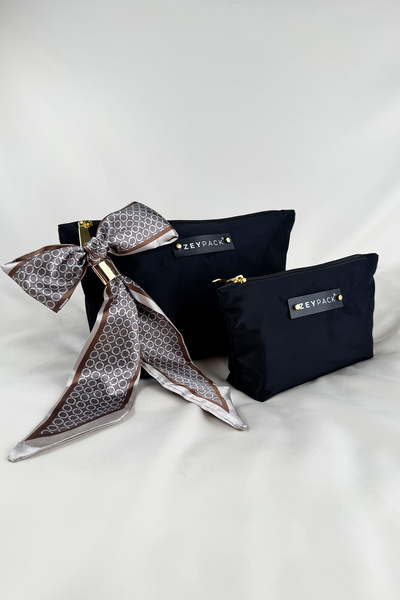 zeypack Şık Siyah El ve Makyaj Çantası - 2’li Set, Şal Aksesuarlı, İtalyan Kumaş