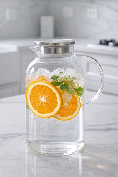 Reoona Borosilikat Cam Metal Kapaklı Lüks Sürahi 1800 ml