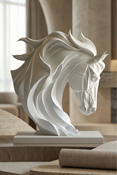 ENG.CO Dev Boy Beyaz At Başı Heykeli - Dekoratif Büyük At Biblo Salon Ofis Sü...