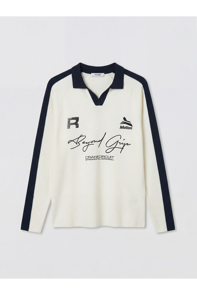 LC Waikiki Ecru polo neck printed men's knit sweater