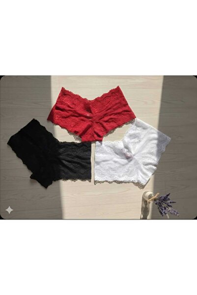 Butik Kadın 3 Renk 6'lı Paket Dantel Detaylı Şık Boxer Külot Seti - Bordo Bey...