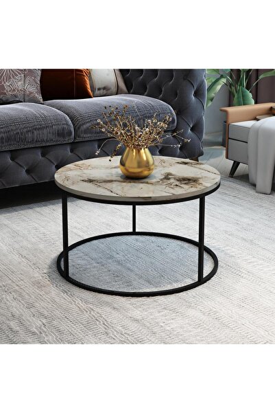 MRVHOMEE TEKLİ GRİ Orta Sehpa- siyah Metal Ayaklı - 60 cm Kahve Sehpası