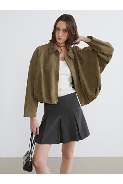 LC Waikiki Haki Gömlek Yaka Süet Görünümlü Kadın Ceket